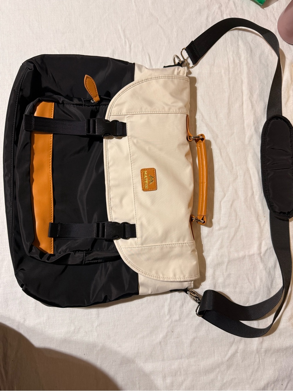 Canvas Messenger Bag with Cream and Black Panels matein